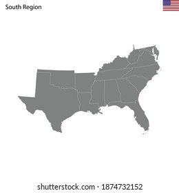 High Quality map of South region of United States of America with borders of the states