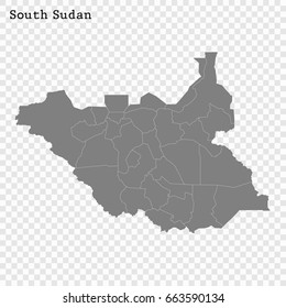 High quality map of South Sudan with borders of the regions or counties 
