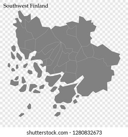 High Quality map of Southwest Finland Region of Finland, with borders of municipality