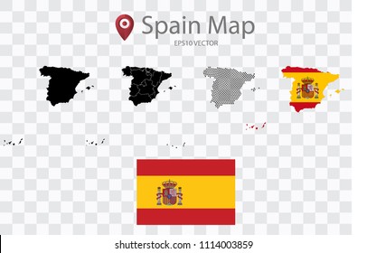 High quality map of Spain with black dots and ,and Flag map, on transparent background.Vector eps 10