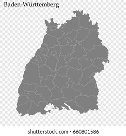 High Quality map of Baden-Württemberg is a state of Germany, with borders of the regions