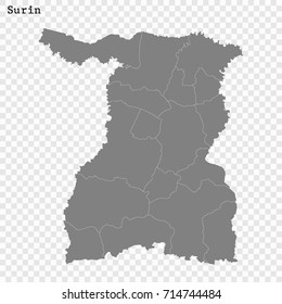 High Quality map of Surin is a province of Thailand, with borders of the districts