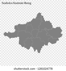 High Quality map of Szabolcs-Szatmar-Bereg County of Hungary, with borders of districts