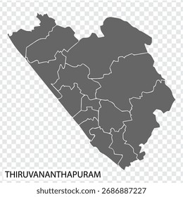 High Quality map of Thiruvananthapuram is a city of India, with borders of the districts. Map of Thiruvananthapuram for your web site design, app, UI. EPS10.