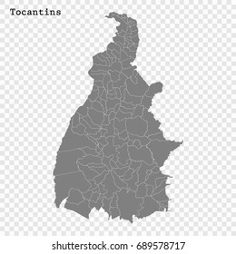 High Quality map of Tocantins is a state of Brazil, with borders of the municipalities