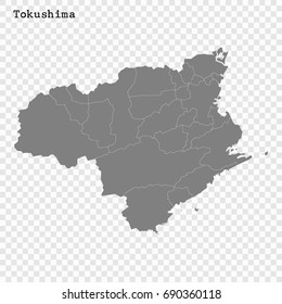 High Quality map of Tokushima is a prefecture of Japan with borders of the districts