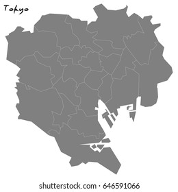 High quality map of Tokyo with borders of the regions
