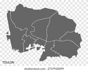 High Quality map of Toulon is a city of France, with borders of the districts. Map of Toulon for your web site design, app, UI. Provence-Alpes-Cote d'Azur. EPS10.
