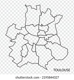 High Quality map of Toulouse is a city of France, with borders of the districts. Map of Toulouse for your web site design, app, UI. UK. Occitania. EPS10.