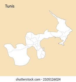 High Quality map of Tunis is a region of Tunisia, with borders of the districts