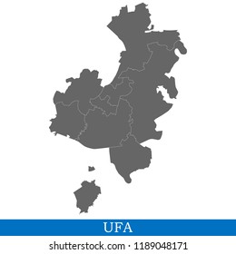 High Quality map of Ufa is a city of Russia, with borders of districts