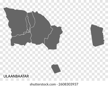 High Quality map of Ulaanbaatar is a capital of Mongolia, with borders of the districts. Map of Ulaanbaatar for your web site design, app, UI. EPS10.
