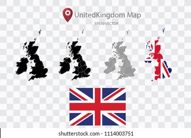 High quality map of United Kingdom with black dots and ,and Flag map, on transparent background.Vector eps 10
