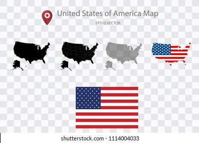 High quality map of United States of America with black dots and ,and Flag map, on transparent background.Vector eps 10