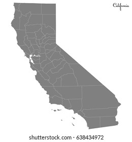 High Quality map of U.S. state of California with borders of the counties