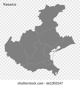 High Quality map of Veneto is a region of Italy, with borders of the provinces.