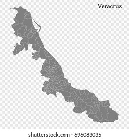 High Quality map of Veracruz is a state of Mexico, with borders of the municipalities