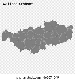 High Quality map of Walloon Brabant is a province of Belgium, with borders of the regions