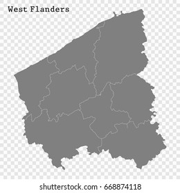High Quality map of West Flanders is a province of Belgium, with borders of the regions