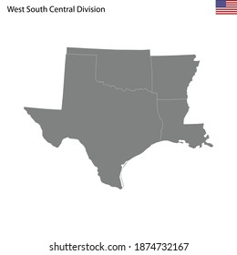 High Quality map of West South Central division of United States of America with borders of the states