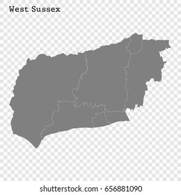 High Quality map of West Sussex is a ceremonial county of England, with borders of the counties