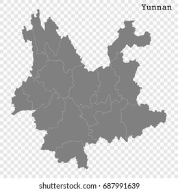 High Quality map of Yunnan is a province of China, with borders of the divisions
