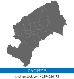 High Quality map of Zagreb is a city in Croatia, with borders of districts