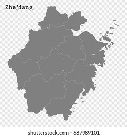 High Quality map of Zhejiang is a province of China, with borders of the divisions