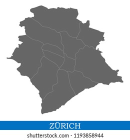 High Quality map of Zurich is a city in Switzerland, with borders of districts