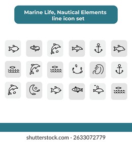 High Quality Marine Life Nautical Elements Line Icon Set
