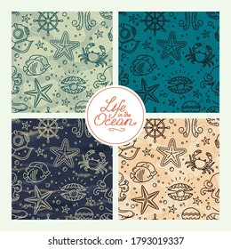 High quality marine seamless corals patterns with corals. A hand-drawn collection of coral and sea seamless patterns with additional elements in various colors. Vector illustration