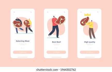 High Quality Meat Mobile App Page Onboard Screen Template. Tiny Characters with Huge Beef or Pork Steak, Butchery Production, People Buying or Preparing Fresh Meat Concept. Cartoon Vector Illustration