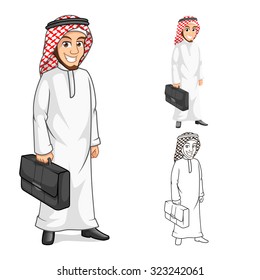 High Quality Middle Eastern Businessman Holding a Briefcase or Bag Cartoon Character  Include Flat Design and Outlined Version Vector Illustration