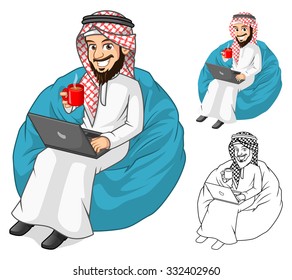 High Quality Middle Eastern Businessman Holding a Cup of Coffee and Notebook with Sit Pose Cartoon Character Include Flat Design and Outlined Version Vector Illustration