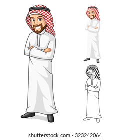 High Quality Middle Eastern Man with Folded Arms Cartoon Character Include Flat Design and Outlined Version Vector Illustration