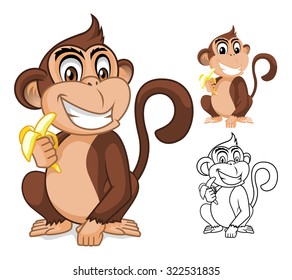 High Quality Monkey Holding Banana Cartoon Character Include Flat Design and Outlined Version Vector Illustration