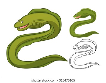High Quality Moray Eel Cartoon Character Include Flat Design and Line Art Version