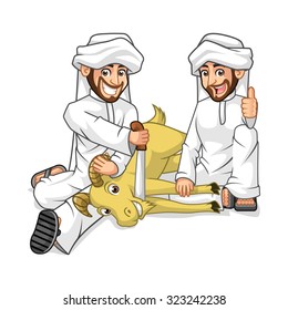 High Quality Muslim Men Cartoon Character Sacrifice Goat in Celebration Vector Illustration
