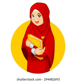 High Quality Muslim Woman with Hugging a Book Wearing Red Veil Vector Cartoon Illustration