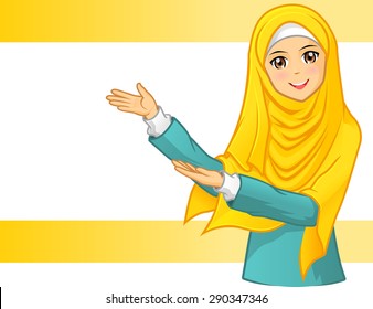 High Quality Muslim Woman Wearing Yellow Veil With Welcoming Arms Vector Illustration