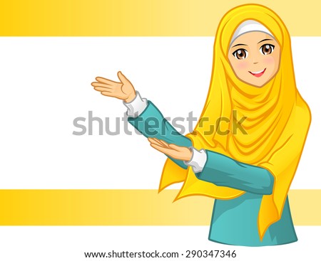 High Quality Muslim Woman Wearing Yellow Veil with Welcoming Arms Vector Illustration