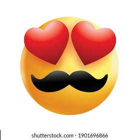 High quality mustache emoticon smiling, love emoji isolated on white background.
Yellow face emoji with red heart eyes and mustache vector illustration. Popular chat elements. 