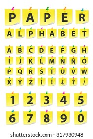 High Quality Note Paper Alphabet , Numbers and Symbols on White Background.