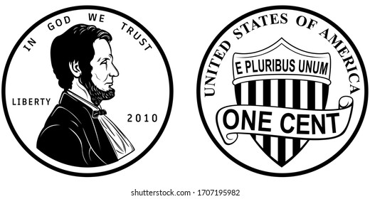 High quality one cent coin US America . Abraham Lincoln Observe and union shield reverse 2010 present penny black and white isolated vector