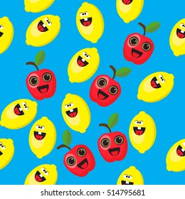 High quality original trendy seamless pattern with cute cartoon lemon and apple character with hands, legs and soft shadow isolated on blue background