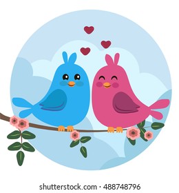 High quality original trendy vector illustration of two colorful birds sitting on a branch. Can be used for postcard, valentine card, wedding invitation