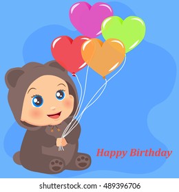 High quality original trendy vector illustration of a cute baby in suit with ears and heart balloons can be used for happy birthday cards