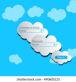 High quality original trendy vector paper clouds on a rope login page for web or mobile applications
