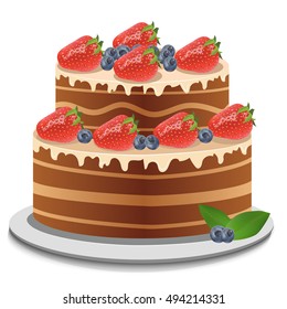 High Quality Original Trendy Vector Sheet Cake With Chocolate Topping, Fresh Strawberry And Blueberries