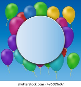 High quality original trendy vector paper circle banner on party background with balloons. Realistic balloons